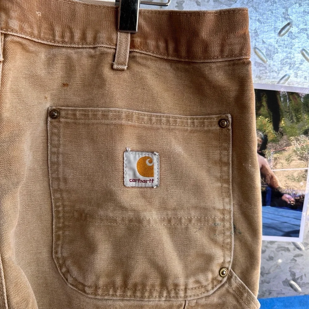 Carhartt Tan Distressed Double Knee Paint Stains Work Pants 1990s USA 36x32 - Picture 6 of 7